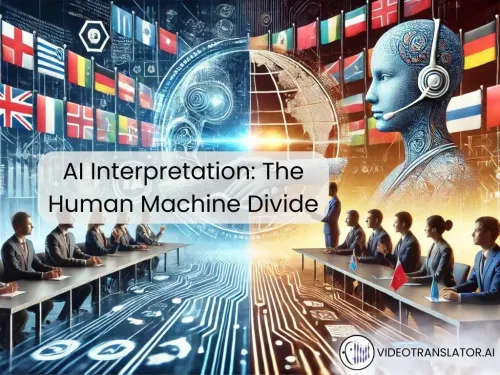 A symbolic image showing the collaboration between human interpreters and artificial intelligence in the field of global communication.